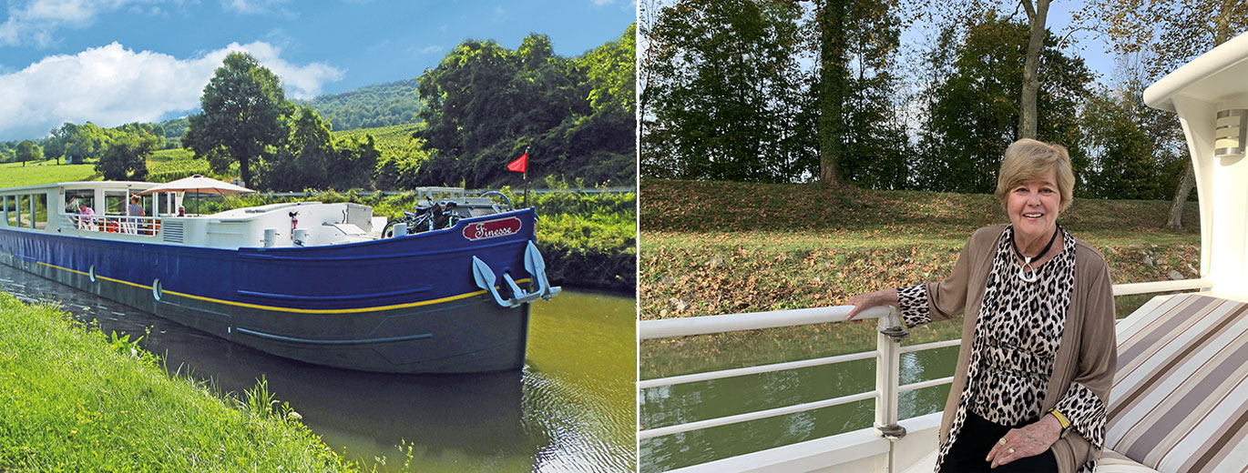 Ellen, The Barge Lady enjoying her barge cruise in Southern Burgundy aboard barge Finesse